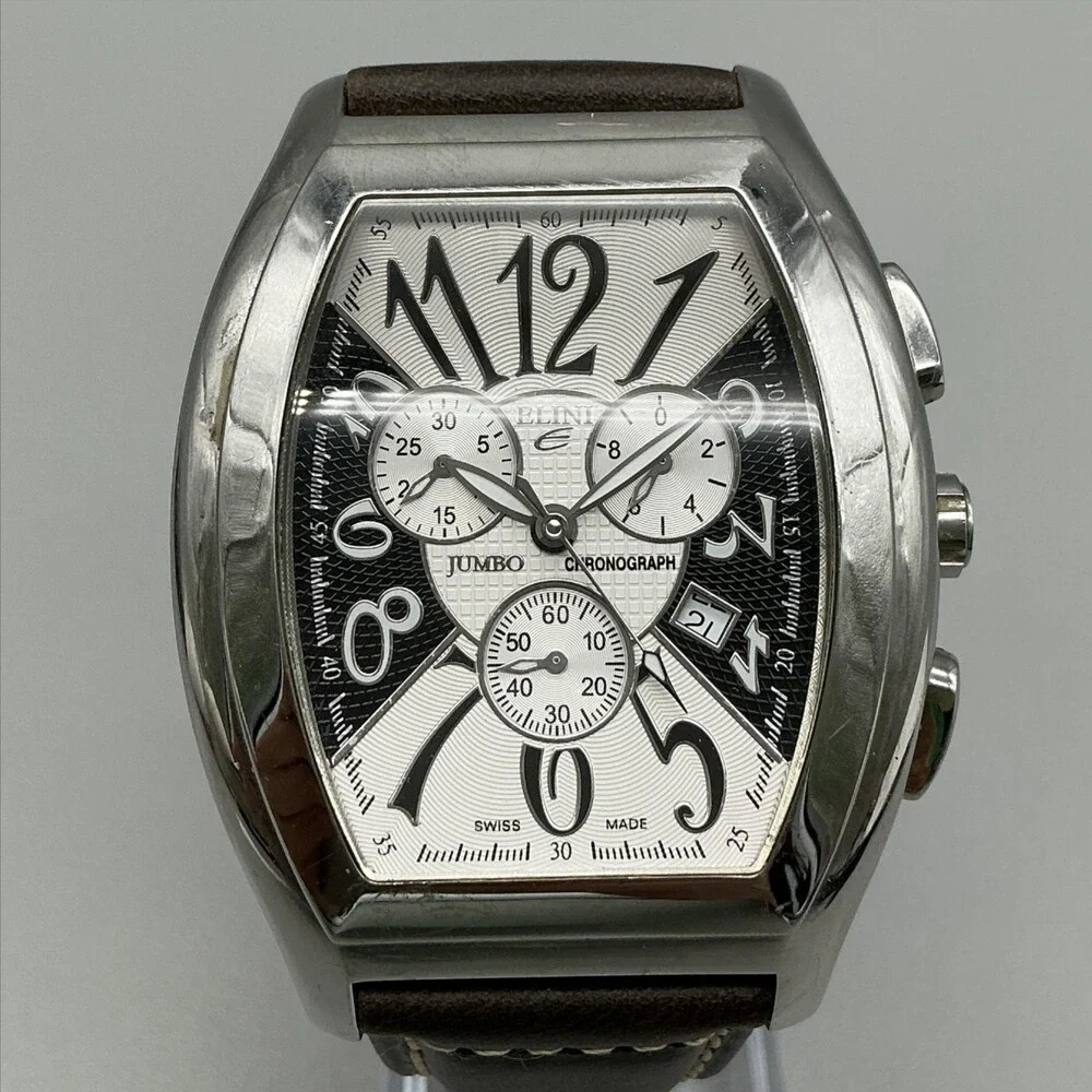 Elini Jumbo Chronograph Mens Watch 45mm Panda Leather Swiss New Battery
